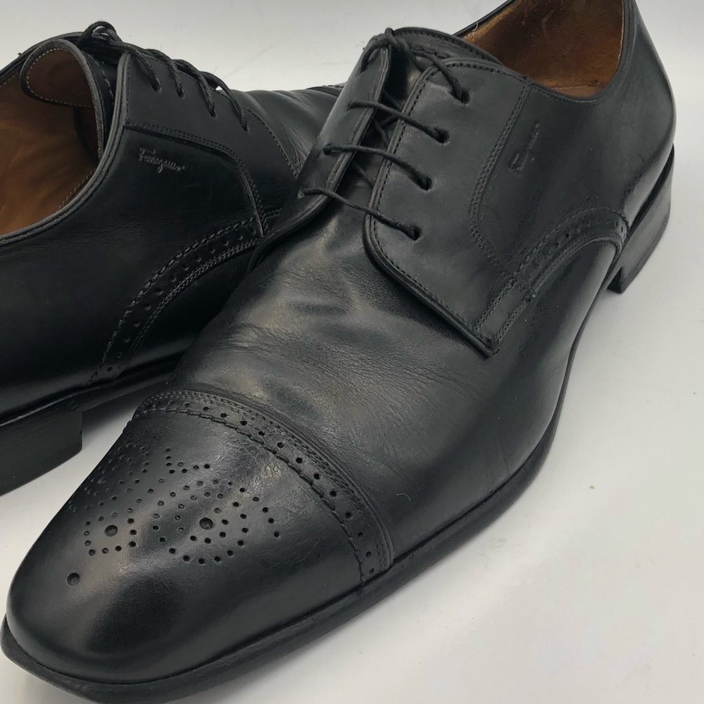SALVATORE FERRAGAMO Size 11.5 D Black Leather Cap-Toe Derby Brogue Dress Shoes